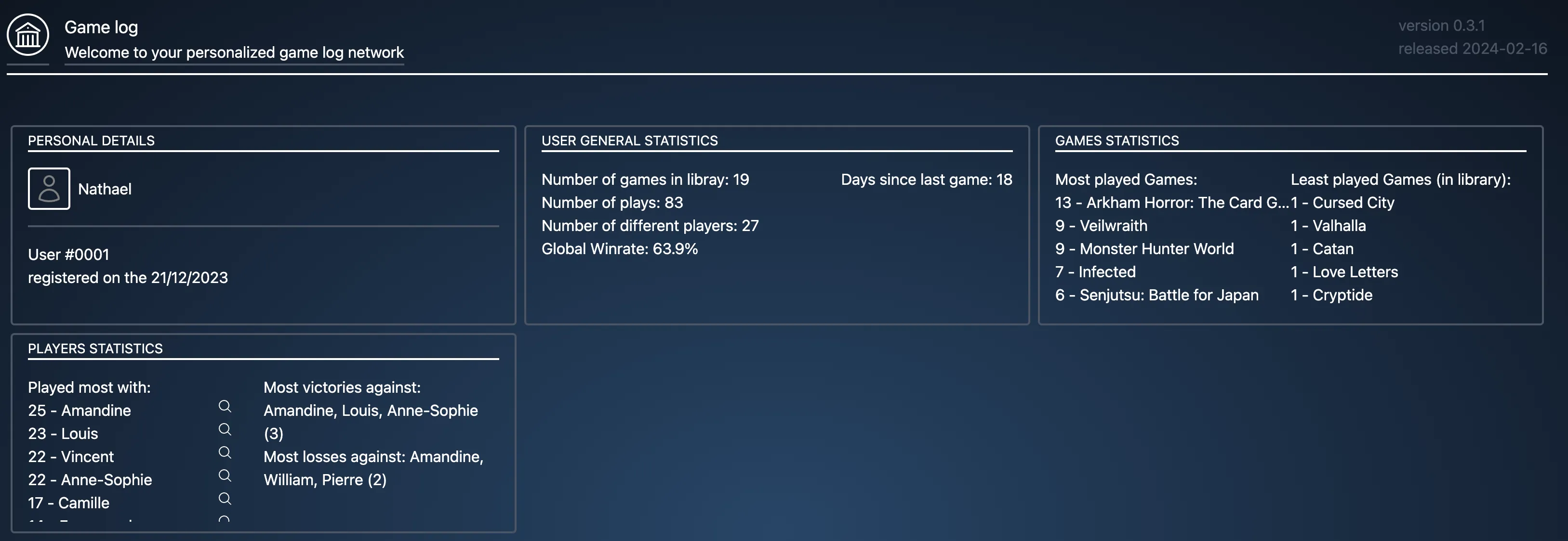 screenshot of my board game app with statistics